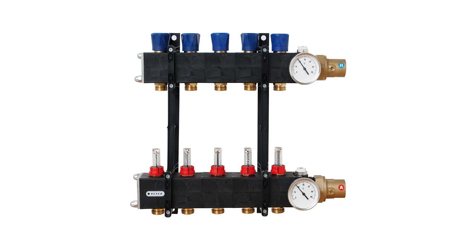 Henco Collector voor vloerverwarming kunststof Henco 1" + 7 x 3/4" met ontluchting, met doorstroommeter UFH-0605CD07