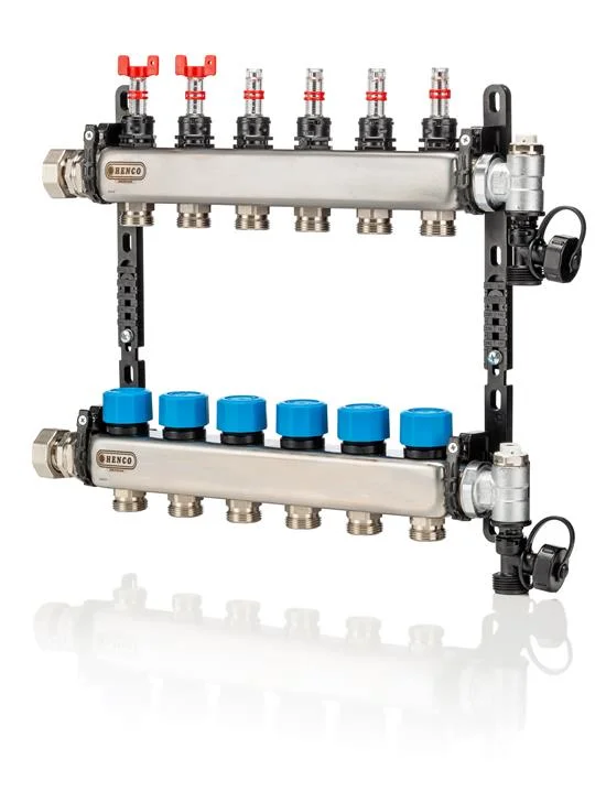 Henco Collector voor vloerverwarming staal Henco 1" + 4 x 3/4" met ontluchting, met regeling, met doorstroommeter UFH-0605MDSS04