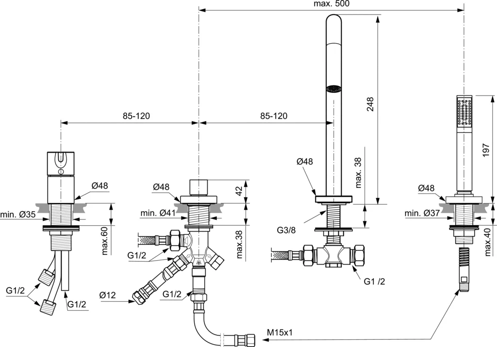 Ideal Standard Bad/douchemengkraan 4-gats met uitloop brushed gun metal Ideal Standard BC789A5