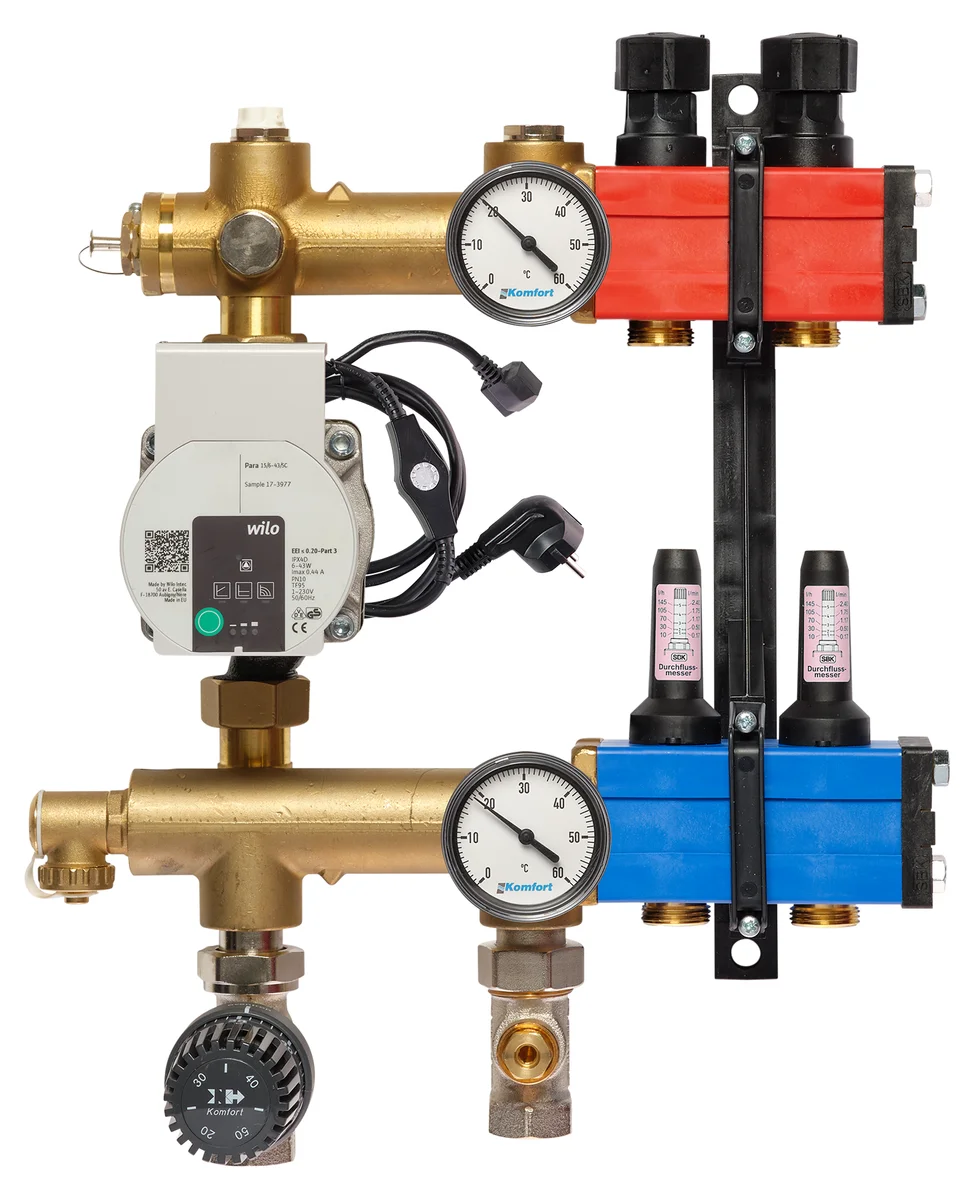 Komfort Collector voor vloerverwarming kunststof Komfort SBK 4802 1/2" + 2 x 3/4" met ontluchting, met doorstroommeter , met pomp 48020002