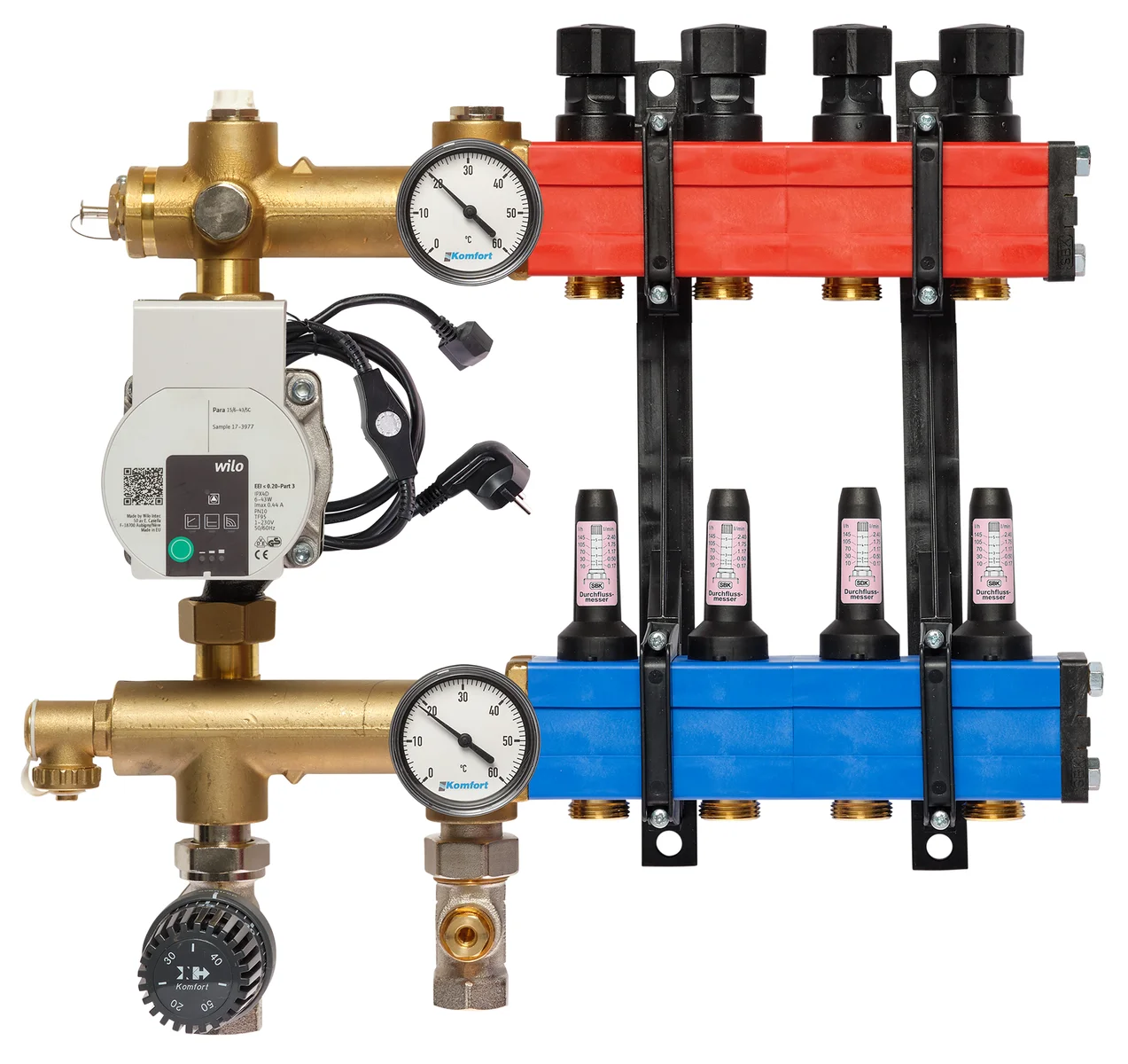 Komfort Collector voor vloerverwarming kunststof Komfort SBK 4802 1/2" + 4 x 3/4" met ontluchting, met doorstroommeter , met pomp 48020004