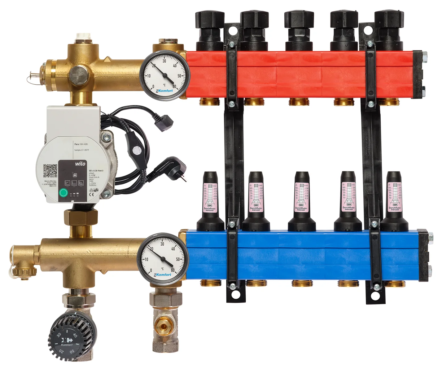 Komfort Collector voor vloerverwarming kunststof Komfort SBK 4802 1/2" + 5 x 3/4" met ontluchting, met doorstroommeter , met pomp 48020005