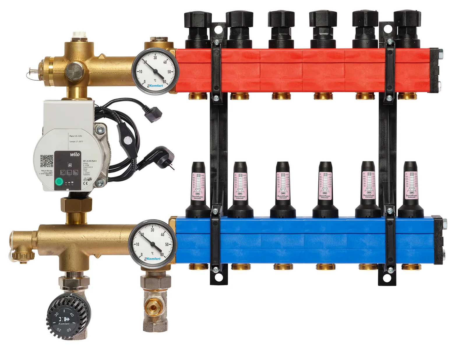 Komfort Collector voor vloerverwarming kunststof Komfort SBK 4802 1/2" + 6 x 3/4" met ontluchting, met doorstroommeter , met pomp 48020006