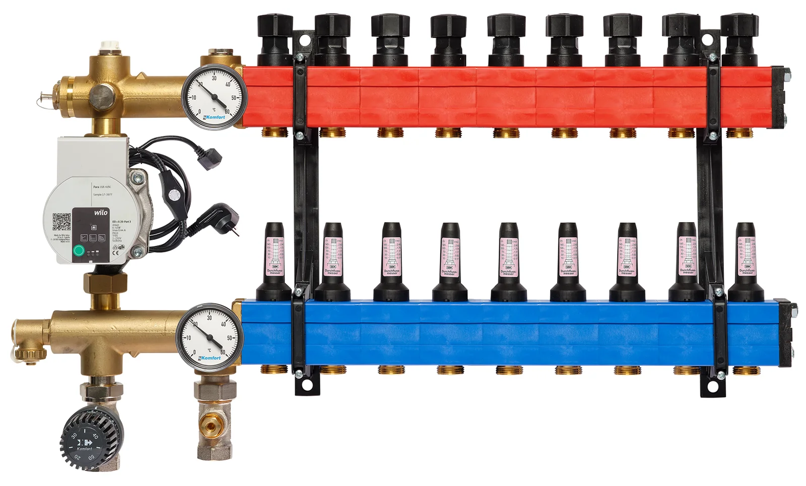 Komfort Collector voor vloerverwarming kunststof Komfort SBK 4802 3/4" + 9 x 3/4" met ontluchting, met doorstroommeter , met pomp 48020009
