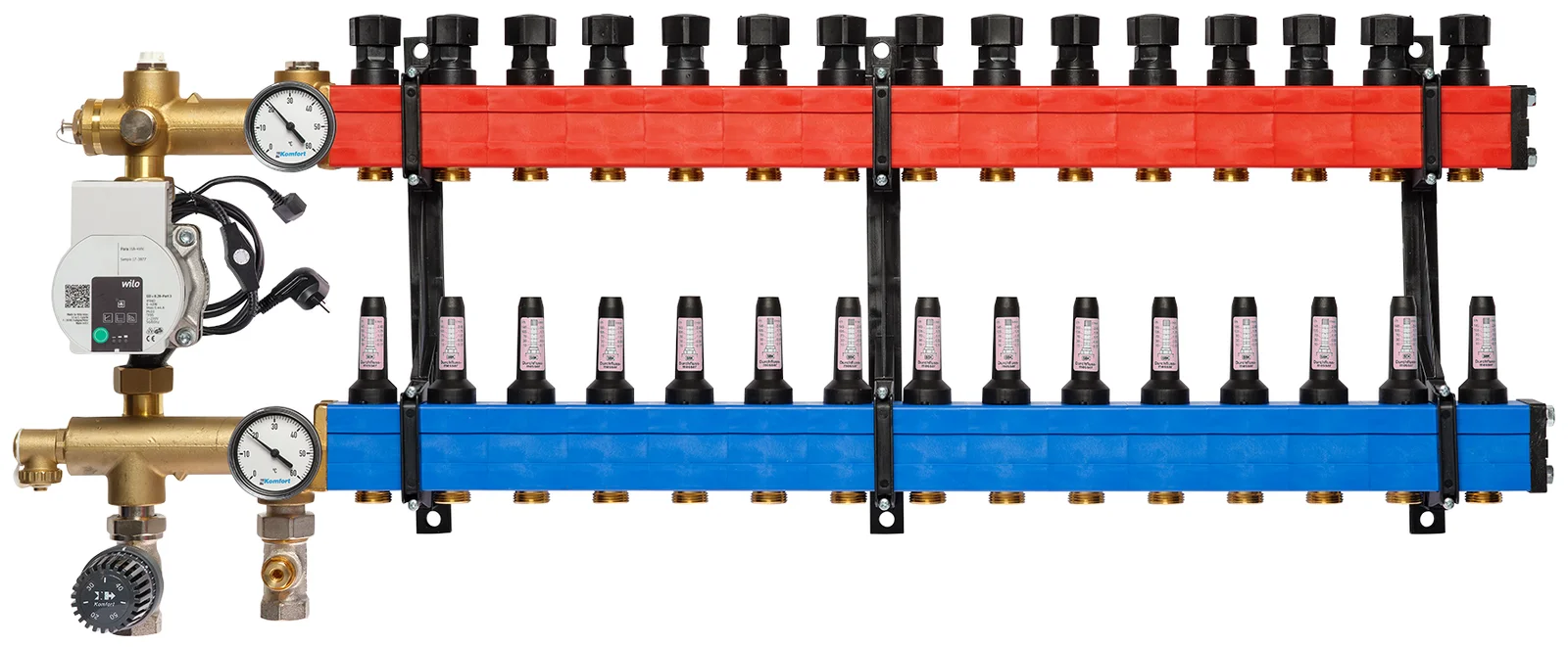 Komfort Collector voor vloerverwarming kunststof Komfort SBK 4802 3/4" + 15 x 3/4" met ontluchting, met doorstroommeter , met pomp 48020015