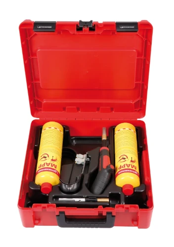 Rothenberger Super fire 4 hot box, hardsoldeerset 7/16"-eu, b (incl. mapp gas b) - set bevat: handgreep (nr. 1500001354), cycloonbrander (nr. 35457), fijnpuntbrander (nr. 35455), vlamrefl ector (nr. 31043), standvoet (nr. 35461), 2 x mapp gaspatroo 1000002366