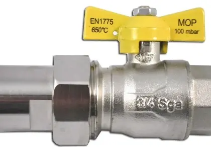 SGA 56239 SGA HTB gasbolkraan met vlindergreep (geel) en 2-delige koppeling FF 3/4 x 3/4 - KVBG gekeurd EN1775
