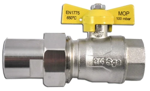 SGA HTB gasbolkraan met vlindergreep (geel) en 2-delige koppeling FF 4/4 x 4/4 - KVBG gekeurd EN1775 56240