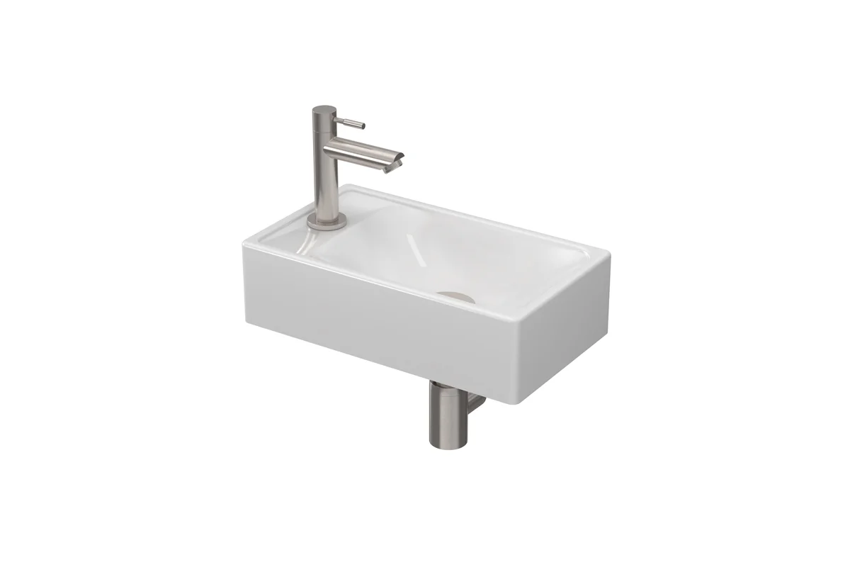 Sanibell Fonteinpack 40x23 pors glans wit/brushed rvs gat L fontein-kraan-design sifon-afvoerplug-bevestiging 1805103P