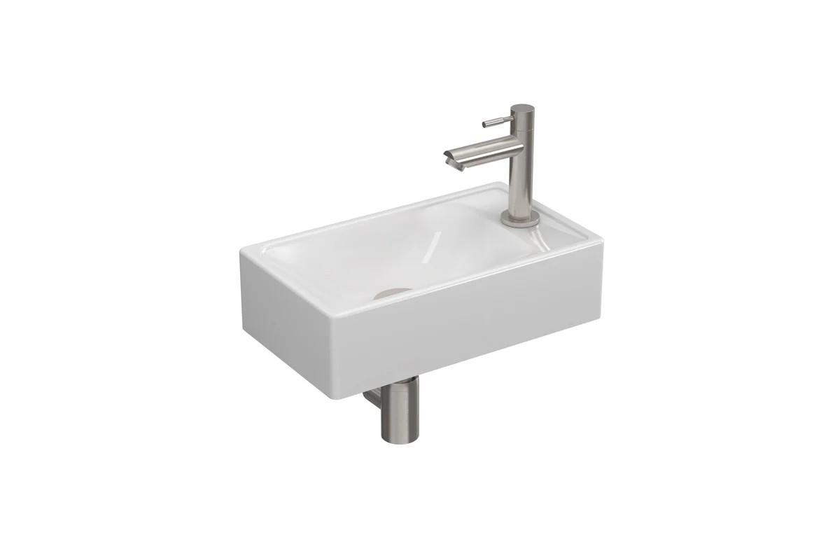 Sanibell Fonteinpack 40x23 pors glans wit/brushed rvs gat R fontein-kraan-design sifon-afvoerplug-bevestiging 1805113P