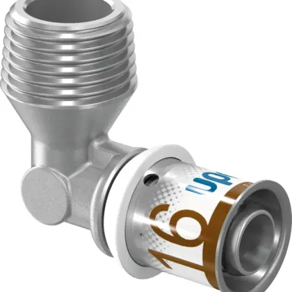 Uponor Persovergangsknie messing 16/2mm x 3/8" M 90° (drink)water Uponor S-Press PLUS 1070531