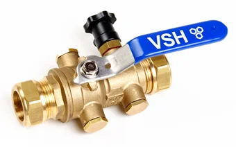 VSH Kogelkraan met volle doorlaat DN 22mm knelring-knelring PN10 met terugslagklep met aftapmogelijkheid (aansluiting) VSH K2331 0504196