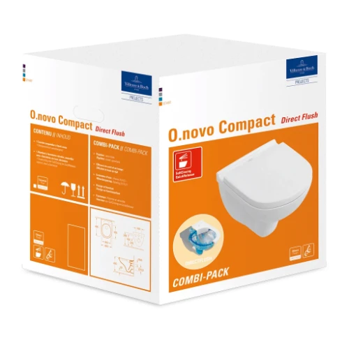 Villeroy & Boch O.Novo compact hangtoilet PACK DirectFlush (Hangtoilet + zitting met softclose) zonder spoelrand - wit - B360xD490 mm 5688HR01