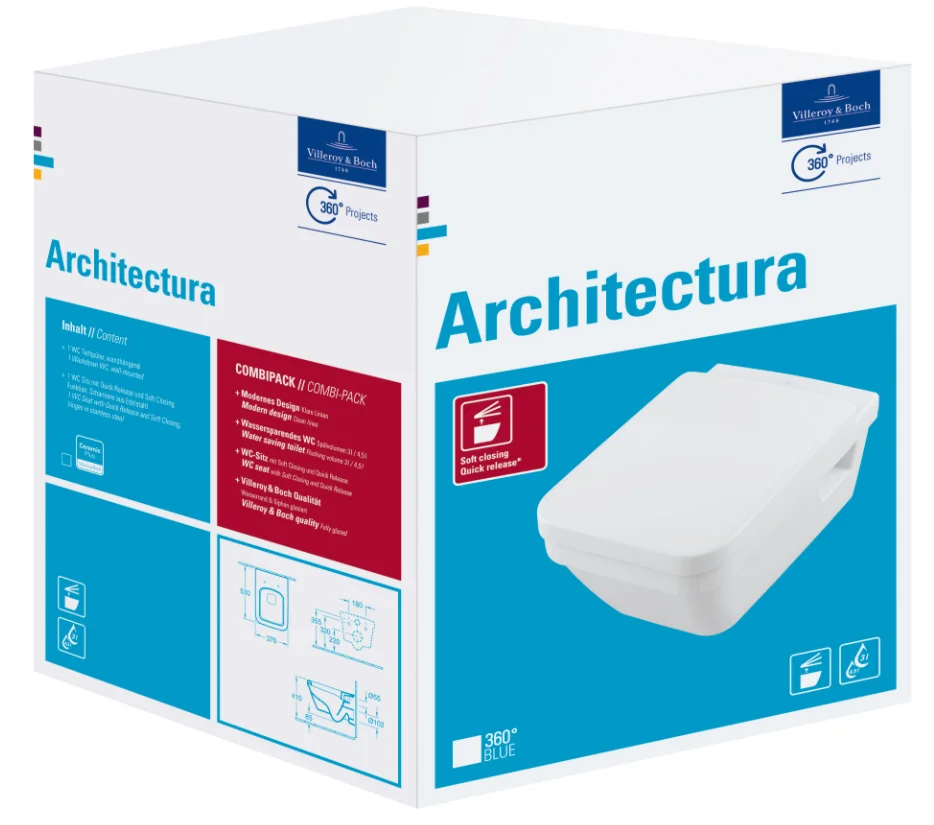 Villeroy & Boch Wandwc Villeroy & Boch Omnia architectura diep open spoelrand 37x53x wit vuilafstotend combipack 5685HRR1