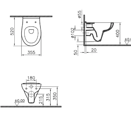 Vitra 7741B003-0075 Vitra S20 hangtoilet VitraFlush zonder spoelrand - wit antibacterieel - D360x520 mm